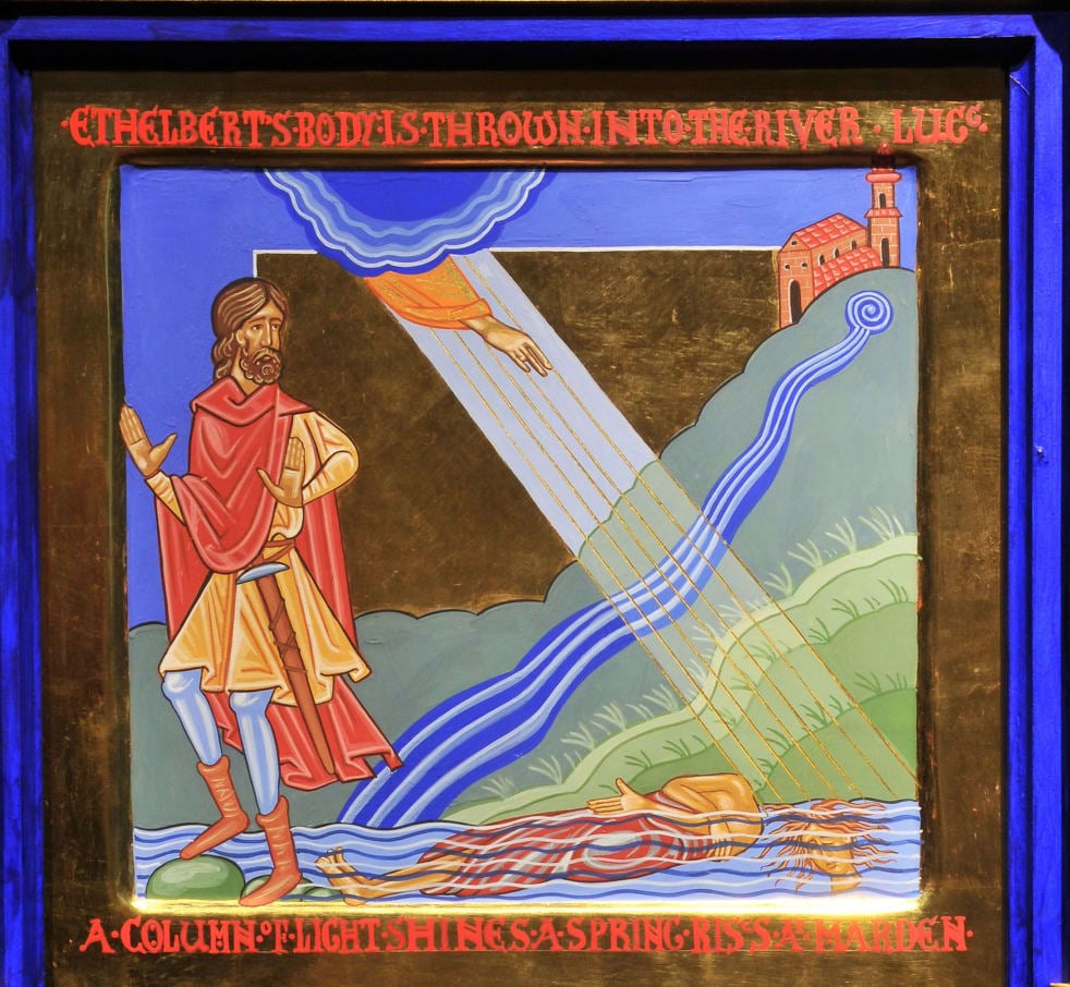 An icon style painting in rich jewel colours with gold embellishment: light beams down from the sky into the river and a hand reaches down from the heavens
