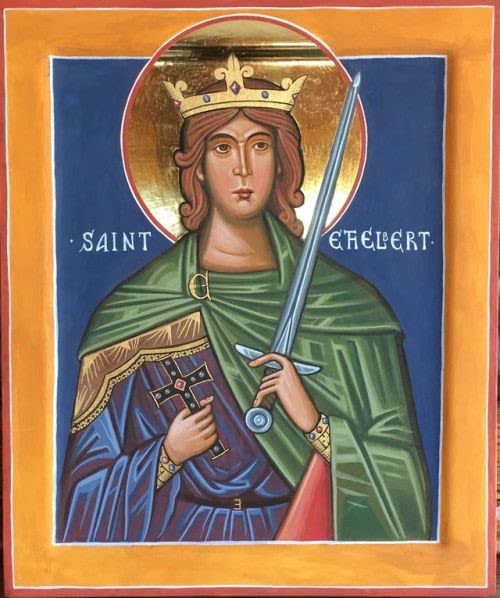 An icon painting of St Ethelbert. Ethelbert is wearing a crown, has a sword in his left hand and a crucifix in the other