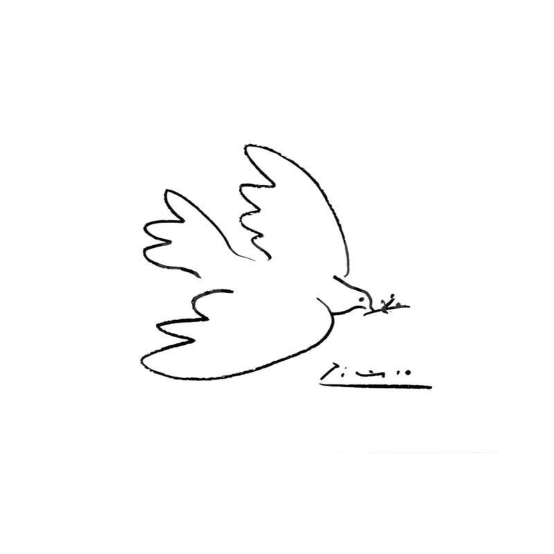 A simple black line illustration of a dove with a branch of peace in its beak