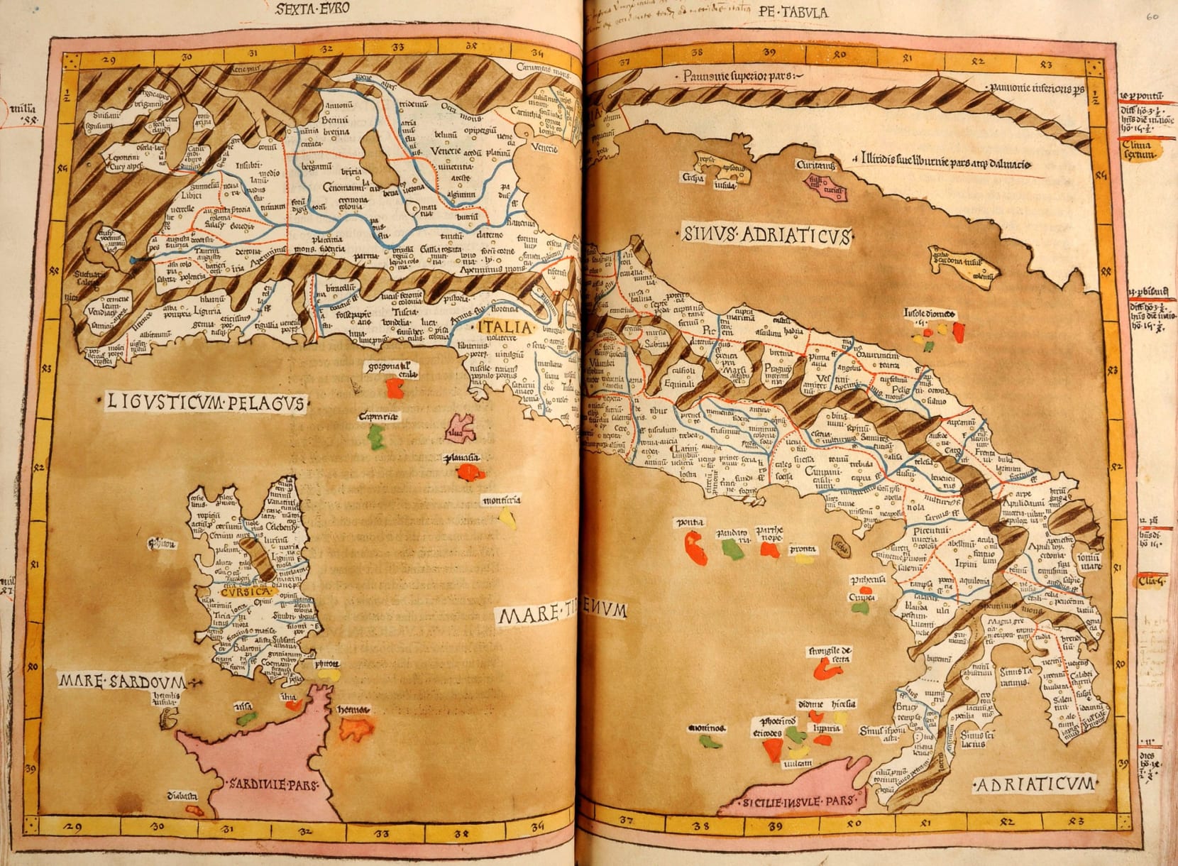 •	An open book showing a printed map of Italy, hand-coloured mainly in shades of brown.
