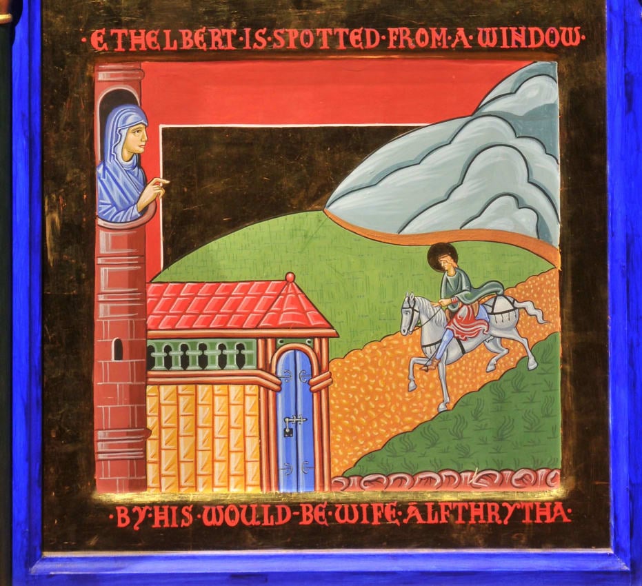 An icon style painting in rich jewel colours with gold embellishment: a woman in a tower looks across and sees Ethelbert riding his horse down the road